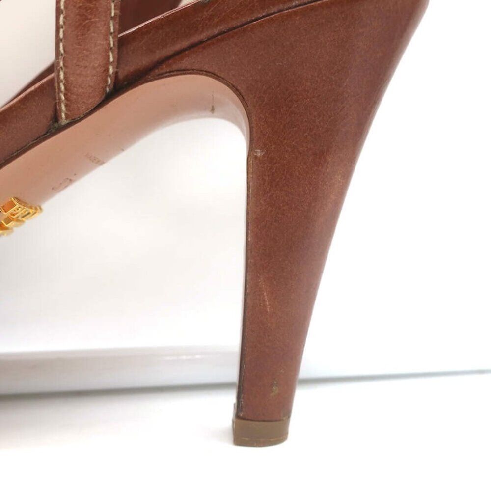 Prada Slingback Bow Sandals Brown Leather Size 37.5 Open Toe Platform Heels - Picture 10 of 16